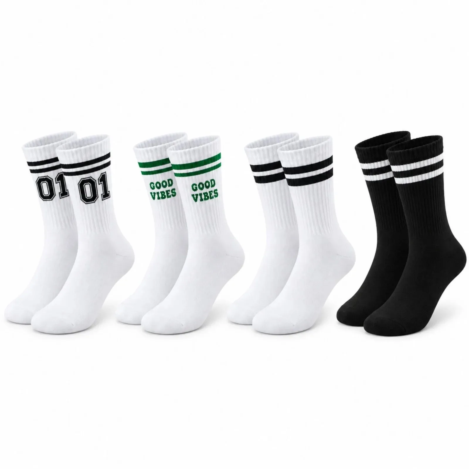 Unisex Çorap Çizgili 4'lü Set 07 Good Vibes Baskılı Siyah Beyaz Uzun Soket Spor Kolej Stil Rahat Şık