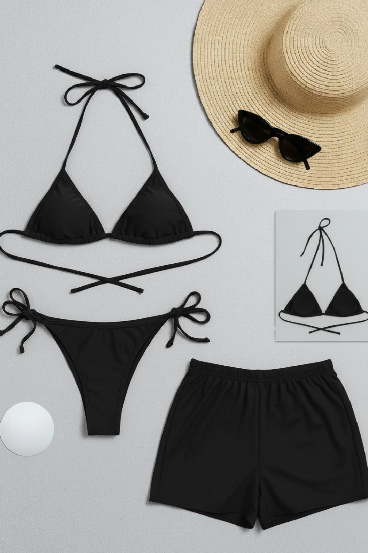 Kadın 3'lü Set Siyah Şortlu ve Yandan Bağlamalı Bikini Mayo Takımı