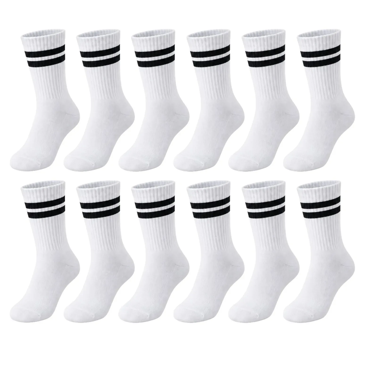 Unisex Beyaz Çorap Siyah Çizgili 12'li Set Uzun Soket Günlük Spor Kolej Stil Kadın Erkek Çorabı