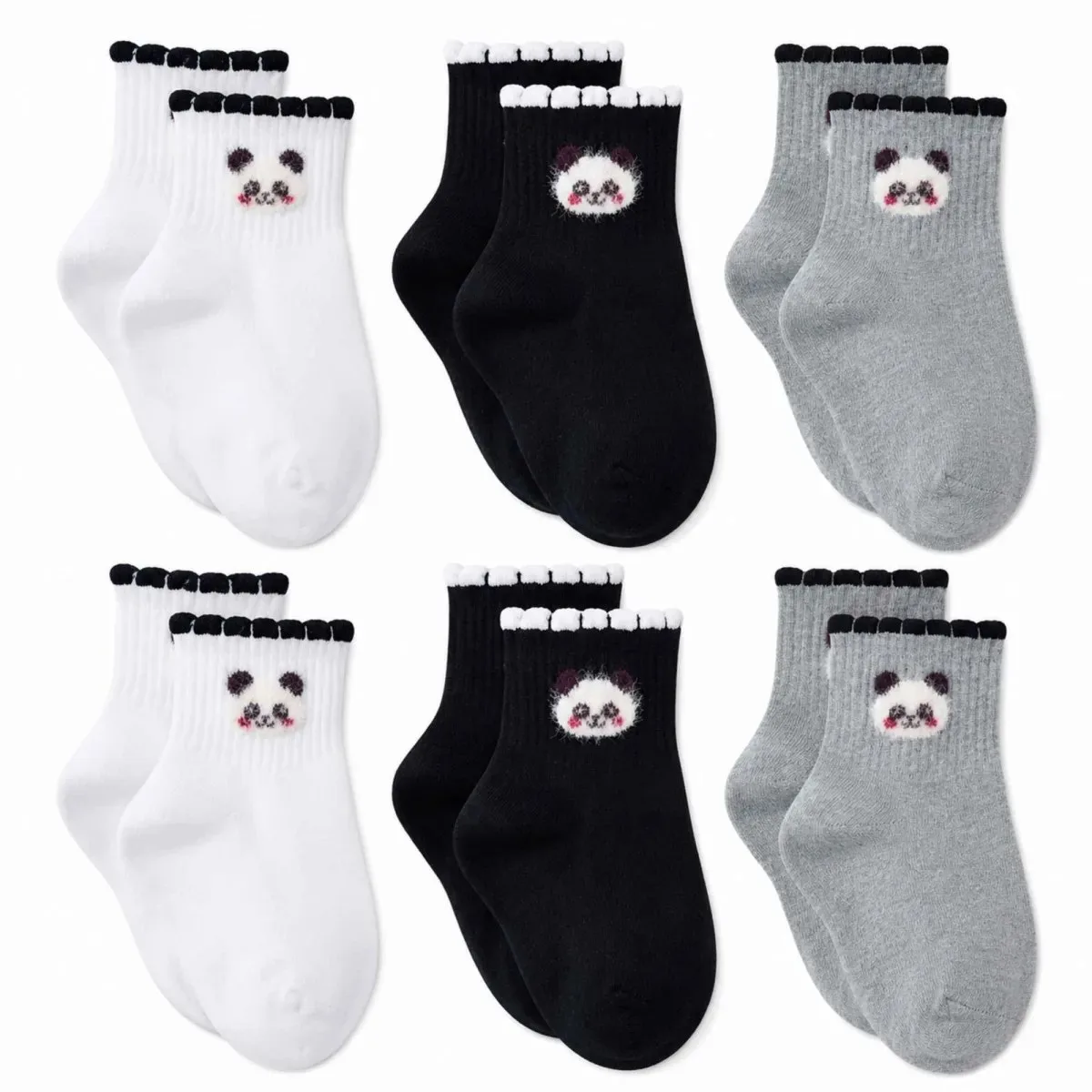Kadın Panda Desenli Kısa Konç Çorap 6'lı | %80 Pamuklu Dikişsiz, Siyah Beyaz Gri