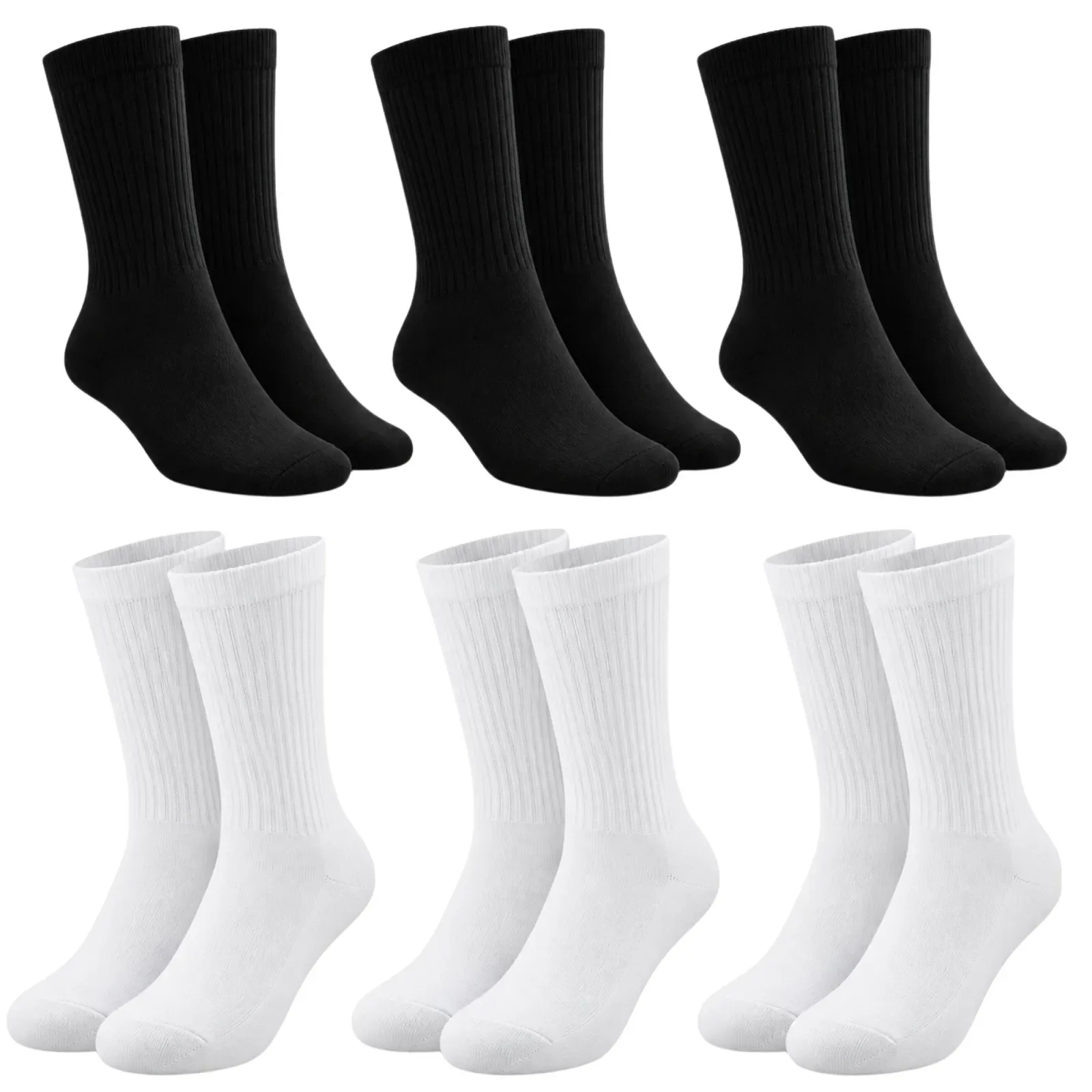Unisex Basic Siyah Beyaz Soket Çorap 6'lı Set Kadın Erkek Spor Günlük Uzun Ribanalı Rahat Çorap Set