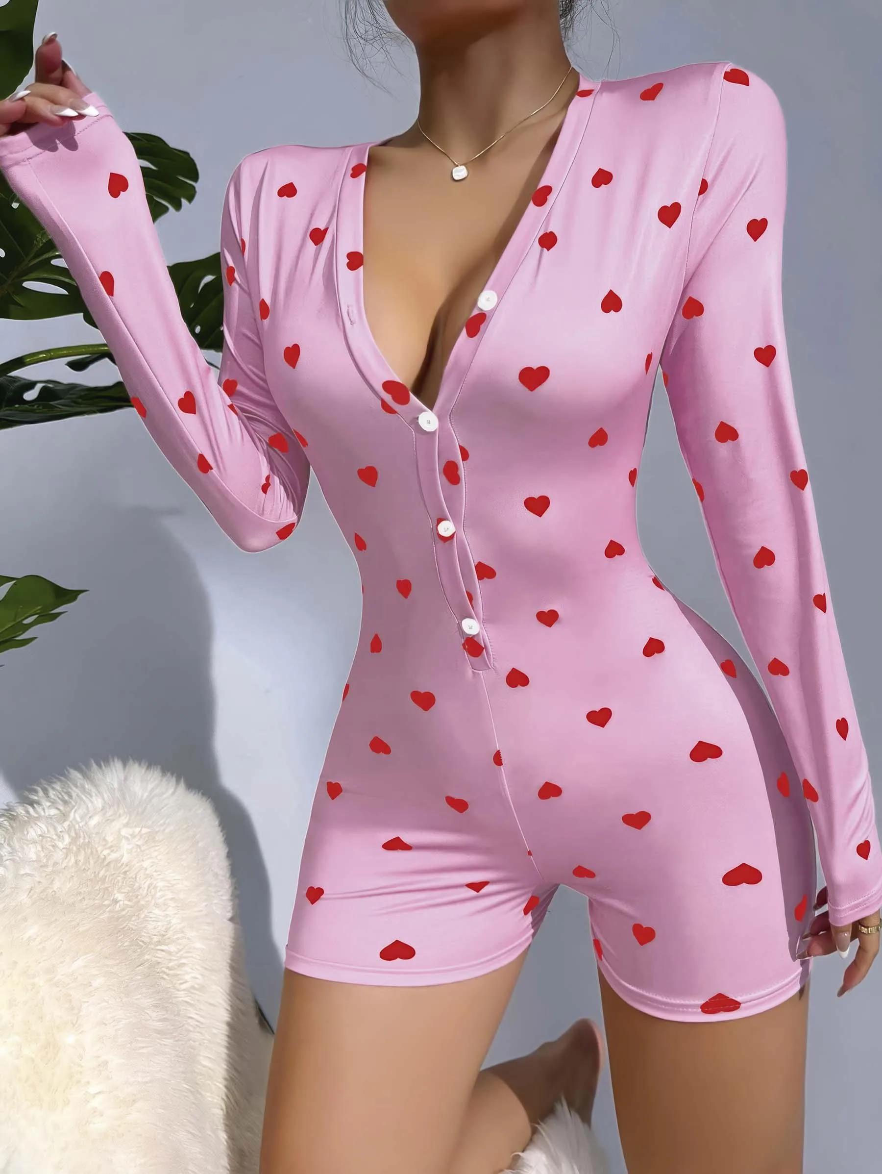 Kadın Pembe Kalp Desenli Pijama Tulumu 5121