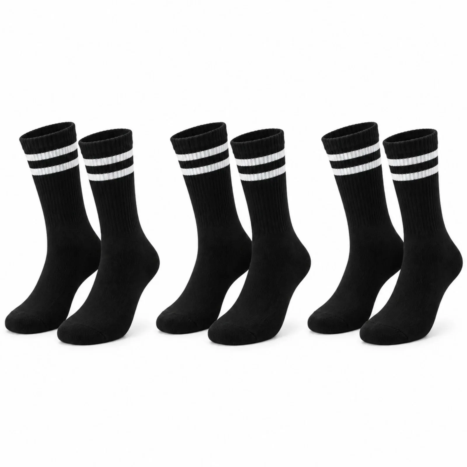 Siyah Çorap Beyaz Çizgili 3'lü Set Unisex Uzun Soket Günlük Spor Rahat Kolej Stil Çorap Seti