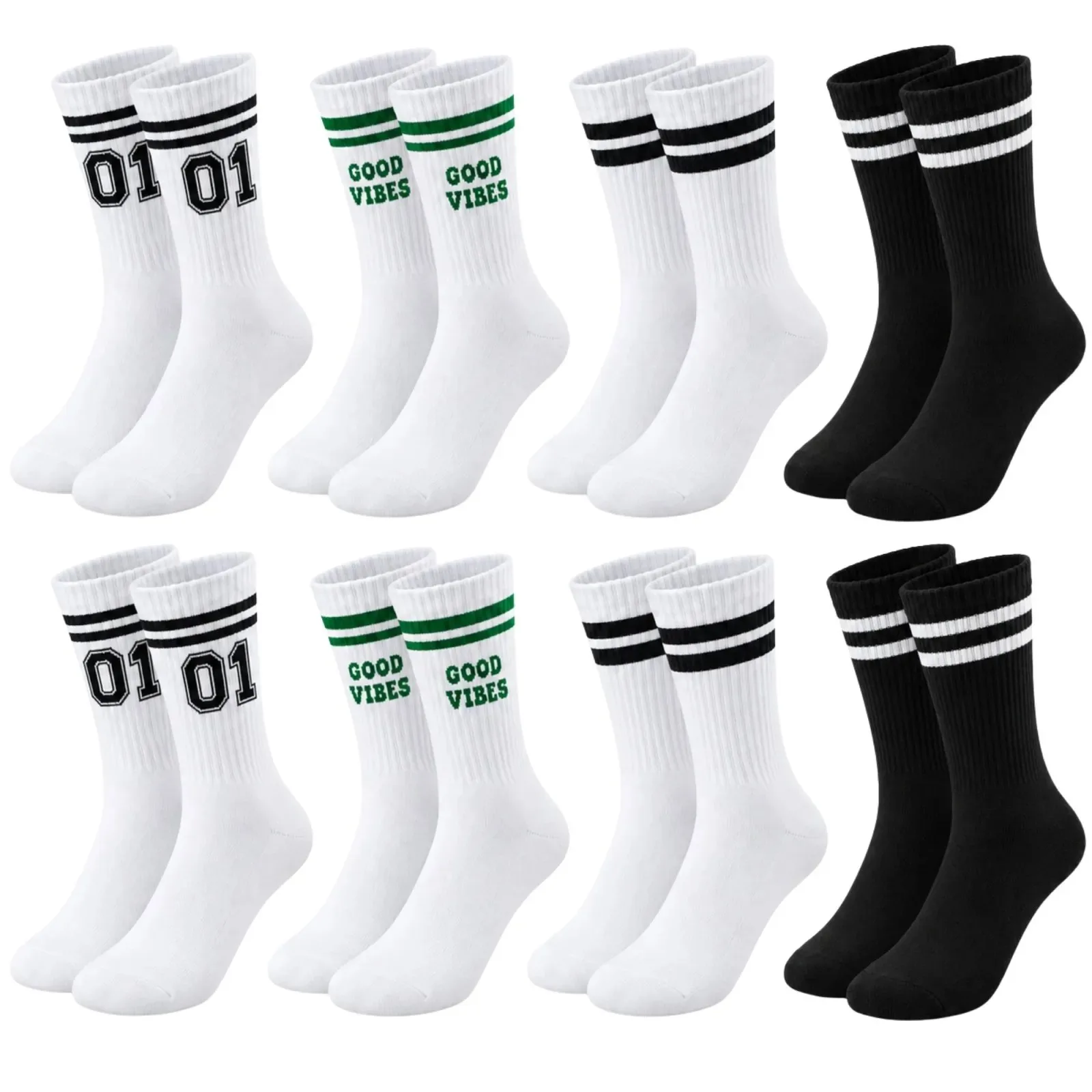 Unisex Çorap Çizgili 8'li Set 07 Good Vibes Baskılı Siyah Beyaz Uzun Soket Spor Kolej Stil Çorap