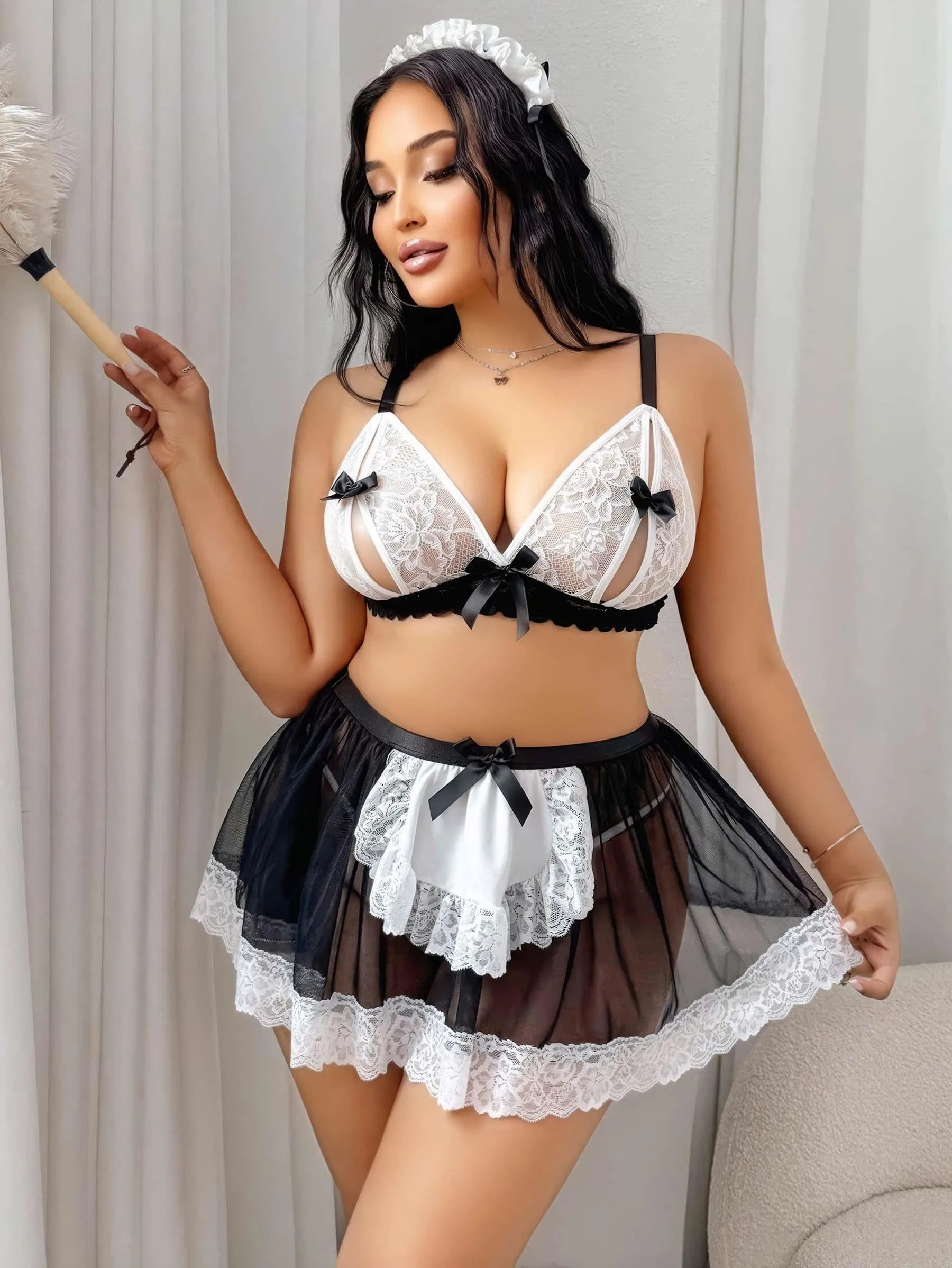 Kadın Büyük Beden Seksi Hizmetçi Kostüm Fantezi Transparan Tül Fantezi Erotik 8006